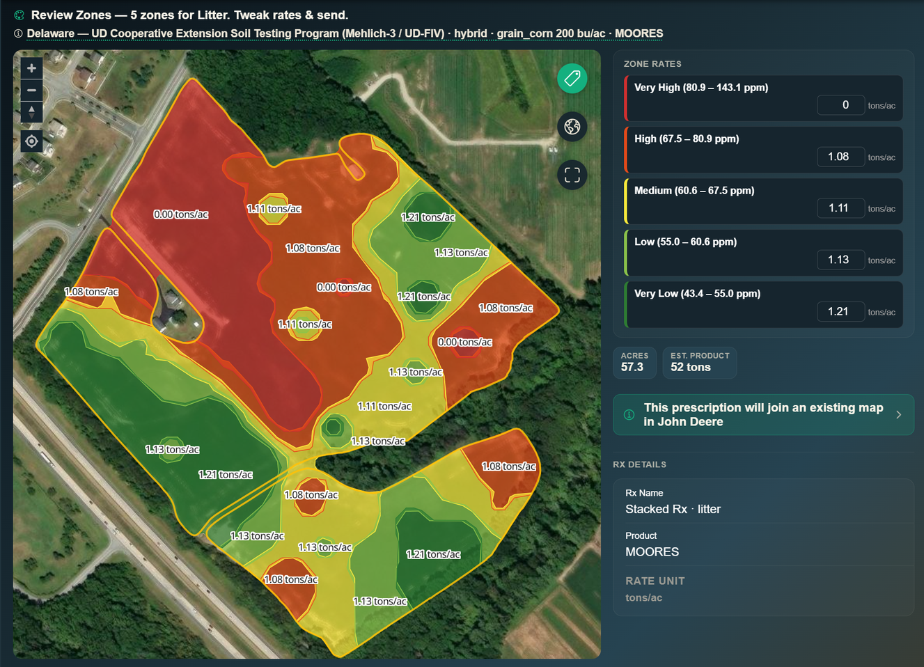 Zone Forge — review zones screen showing a real 5-zone poultry-litter prescription on a 57.3-acre Delaware field, with per-zone rates in tons per acre