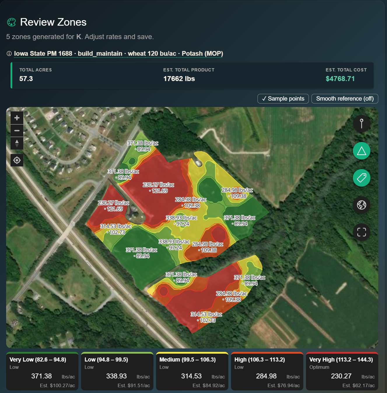 Zone Forge — review zones screen showing a real 5-zone prescription map for potash on a 57.3-acre field, with per-zone rates and estimated costs